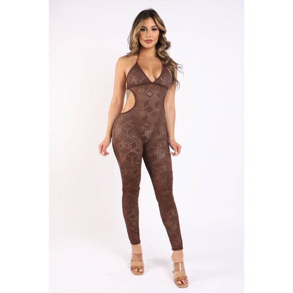 Women's Sexy Lace Cut Out Detailed Halter Jumpsuit Casual Party Club Pullover - Picture 11 of 11
